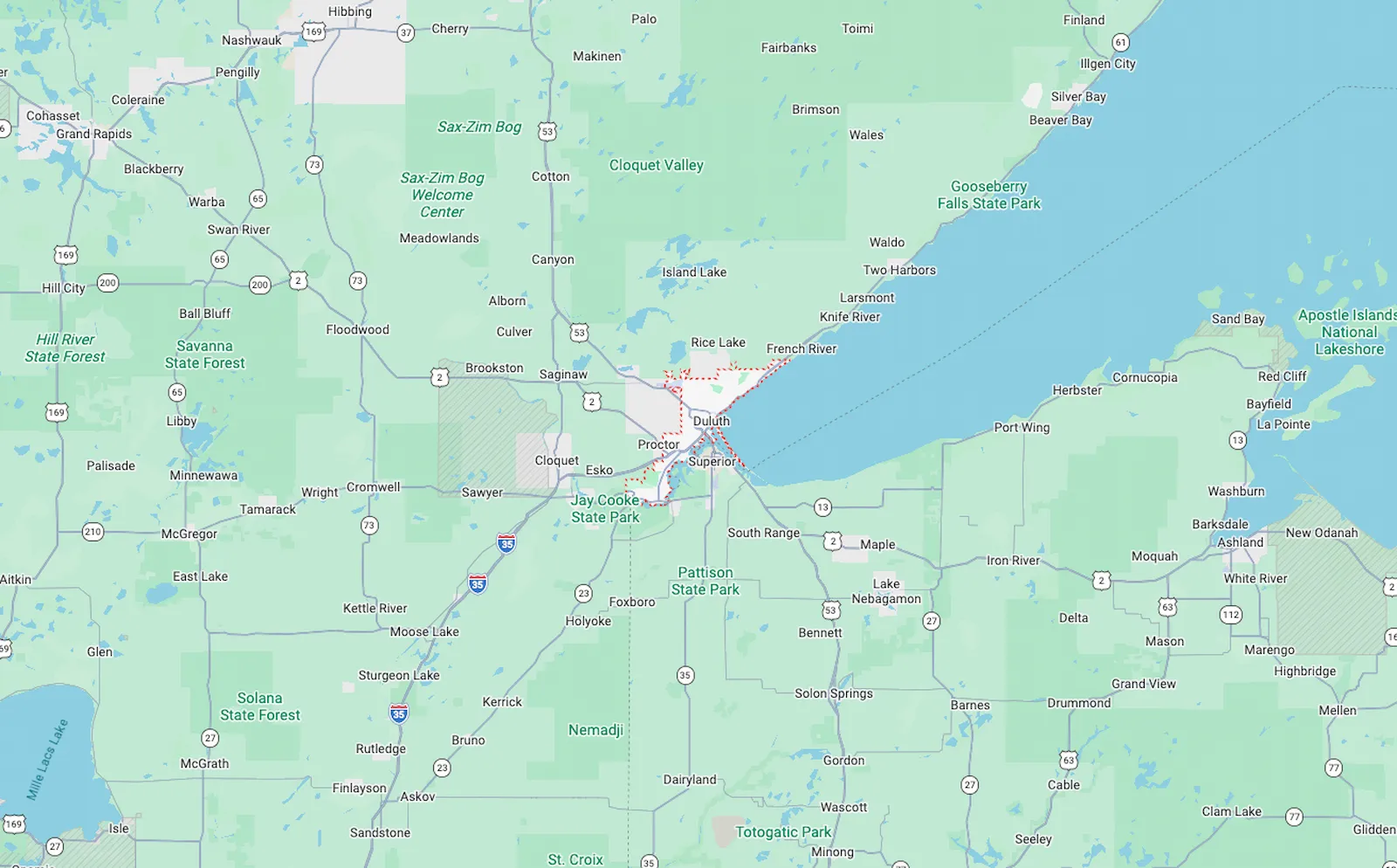 map showing HCL Construction service area around Duluth Minnesota